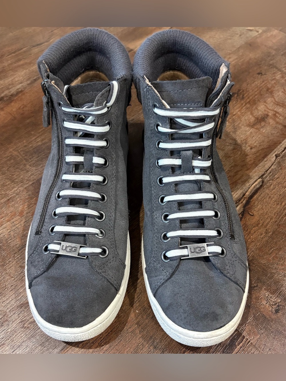 UGG Women 9 Gray Suede Knit Collar High Top Fashion Sneakers Zip Side